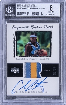 2003-04 UD "Exquisite Collection" Rookie Patch #76 Carmelo Anthony Signed Patch Rookie Card (#38/99) BGS NM-MT 8/BGS 10